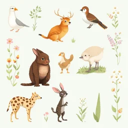 fauna spritesheet game asset vector art, smooth style, illustrated by peggy fortnum and beatrix potter and sir john tenniel