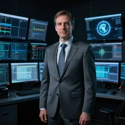 a man in gray corporate suit standing in dark in front of supercomputer with many monitors and displays, one monitor with the skynet logo, photorealistic, highly detailed, 4 k, hd