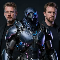 tactical neon exoskeleton armor, realistic anthropomorphic corvus corax visible face, neon eyesight, science fiction, dark, portrait by donato giancola and greg rutkowski and wayne barlow, realistic face