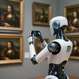 a professional photo of a futuristic cool beautiful robot taking pictures of several pieces of classical oil paintings.