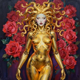 a beautiful painting lovely seductive gold medusa robot, roses by ukiyo - e award - winning art, andy warhol color, dramatic light, octane render