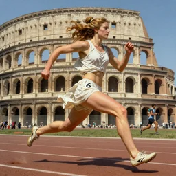 A full length portrait of a goddess competing in track and field at the first olympic games, by Boris Vallejo, Greg Rutkowski, Frank Frazetta, epic fantasy character art, very very beautiful, olympus, Exquisite detail, post-processing, masterpiece, cinematic, coliseum