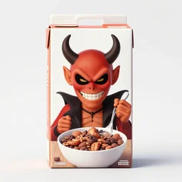 A cereal box with Satan as the mascot.