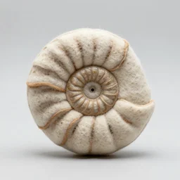an accurate well made handmade felt plush toy of an ammonite fossil.