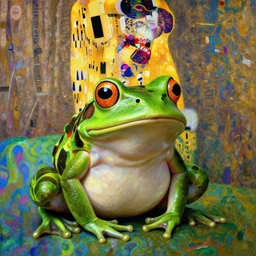 a shy gentleman frog!, psychedelic, patterned skin, trending on artstation, photorealism!!, vibrant colors, digital art, in the style of harumi hironaka, gustav klimt, egon schiele, coby whitmore, david bates, monet, lisa frank, picasso, h r giga.