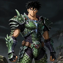 anime of man with slight facial hair, brown eyes, full body, reptile armor by akira toriyama hyper realistic, dark fantasy detailed, high definition insanely detailed, bitter wide angle lens dark lighting, moody lighting