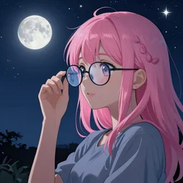 beautiful girl with pink hair and glasses, stargazing, stars, moon, moonlight, night time, sharp focus, intricate, digital painting, artstation, official media, anime key visual, highly detailed, rich vivid colors ambient lighting, illustration, art by Artgerm, Makoto Shinkai, Ilya Kuvshinov, Lois Van Baarle and Rossdraws