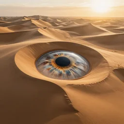 wide!!! landscape photo of sand dunes that look like a human pupil!! and iris!!!, high detail, drone photo, golden hour, medium format