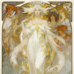 portrait of an ethereal woman with pale hair and gold eyes wearing a flowing white and gold gown surrounded by feather motifs, ilya kuvshinov, greg rutkowski, alphonse mucha, kay nielsen, ross tran, artgerm, anime, intricate, digital painting, concept art