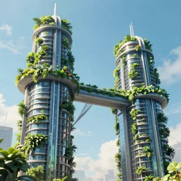Two futuristic towers with a skybridge covered in lush foliage, digital art
