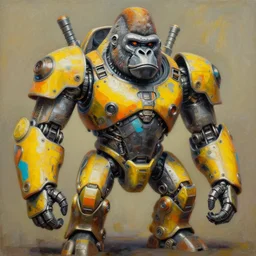an intricate oil painting of a giant south african armored gorilla shaped scrap metal mecha by simon stalenhag, yellow, orange and cyan paint decals
