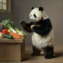 a humanoid panda buying groceries, oil painting, 1 8 thphotography century