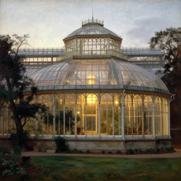 a beautiful painting of a large overgrown victorian greenhouse with large windows, warm lights, evening, stunningly beautiful architecture, by john atkinson grimshaw