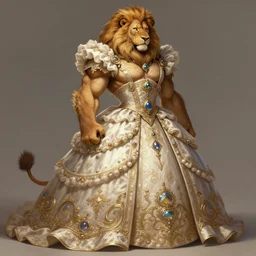 full body photograph of a muscular male anthropomorphic lion man fursona in a ornate ballgown, deep focus, intricate, elegant, highly detailed, digital painting, artstation, concept art, matte, sharp focus, illustration, d & d, fantasy, hearthstone, art by artgerm and greg rutkowski and alphonse mucha