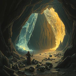 a cave with huge glowing crystals in the walls and piles of bones on the floor, art by martin deschambault