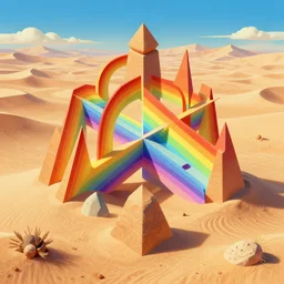isometric 3 d surrealist rainbow in a surreal desert, frequencies divided as sacred geometry 3 d shapes, very surreal, strange pagan atmosphere, by salvadore dali