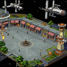 next to a open plaza area with stores on the side, in a space station, from a sierra point and click 2 d graphic adventure game, set design inspired very slightly by tomb raider, art inspired by [ [ thomas kinkade ] ] and mark keathley and greg rutkowski