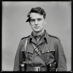 cillian murpht in a world war ii uniform, black and white film photography, cabinet card, 2 5 mm lens, cinematography by roger deakins