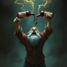 ! dream a fantasy dwarf, holding two bottles of wine above his head, pouring them into his mouth