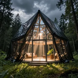 interior photo of a crystalline glass house with translucent black mesh tarps, forest in the background, light coming through the window, light box, moody atmosphere,, cinematic view, epic sky, detailed, concept art, low angle, high detail, warm lighting, volumetric, godrays, vivid, beautiful, trending on artstation, by jordan grimmer, huge scene, grass, art greg rutkowski