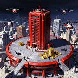 Concept Art Painting of neo-Tokyo Maximum Security Mint, in the Style of Akira, Anime, Dystopian, Highly Detailed, Red Building, Helipad, Special Forces Security, Crypto Valut, Helicopter Drones, 19XX