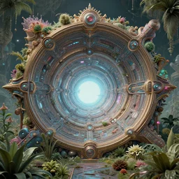 80s futuristic hyperdimensional portal, desolate, lush vegetation:: by beeple and James Gilleard and Justin Gerard :: ornate, dynamic, particulate, intricate, elegant, highly detailed, centered, artstation, smooth, sharp focus, octane render, 3d