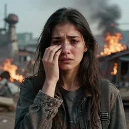 photographic portrait of a poor techwear woman holding back tears, a futuristic shanty town burns in the background, closeup, sigma 85mm f/1.4, 4k, depth of field, high resolution, 4k, 8k, hd, full color