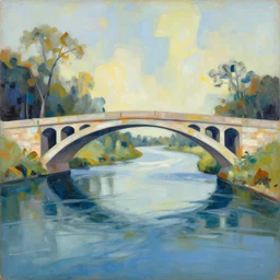 the arched bridge crossed the river which flowed gracefully into the sea, high quality abstract art in the style of pablo picasso and georgia o keefe,