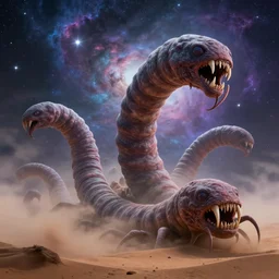 giant cosmic space worms monsters, dune, many teeth, scary, nebulas in the background, bright stars, misty clouds, extremely detailed, beautiful, masterpiece
