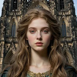 hyperrealistic detailed face portrait of a beautiful long haired young goddess morphing into a gothic cathedral, authentic ornamental architecture, art by ernst haeckel, john william godward, android jones, h. r. giger, gothic, neo - gothic, heavily ornamental,