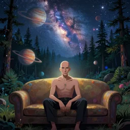 psychedelic trippy bald man pine forest, planets, milky way, sofa, cartoon by rob gonsalves