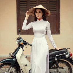 a tall thin beautiful vietnamese girl in an ao dai dress. and a conical hat. standing in front of a motorcycle. retro art house.