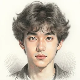 cute handsome teenage, half-asian boy with wavy hair, symmetrical face, beautiful eyes, medium close-up, 80s, pencil sketch