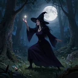 an image of a witch performing a spell in a forest glade during the full moon, ambient lighting, concept art