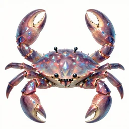 Iridescent crab seamonster, character design sheet, Monster Hunter Illustrations art book, diamond sharp claws, huge arms, iridescent shards on its back, Moebius, Greg Rutkowski, Zabrocki, Karlkka, Jayison Devadas, Phuoc Quan, trending on Artstation, 8K, ultra wide angle, zenith view, pincushion lens effect.