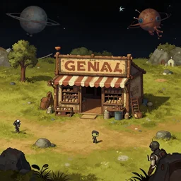 in front of a general store in a remote outpost, on an alien planet, from a space themed point and click 2 d graphic adventure game, set design inspired slightly by hg giger and tomb raider, art inspired by [ [ [ [ [ thomas kinkade ] ] ] ] and greg rutkowski