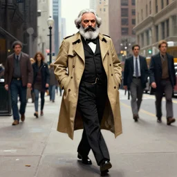 warrior pose Karl Marx disguised as a bloodhound detective wearing a tan trenchcoat whilst walking the chicago magnificent mile odd nerdrum jeff easley greg staples john severin brassel hideaki takamura stylus chiaroscuro ms paint
