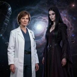 a female scientist and a sorceress meet at a space between dimensions, made by stanley artgerm lau, wlop, rossdraws, artstation, cgsociety, concept art, cgsociety, octane render, trending on artstation, artstationhd, artstationhq, unreal engine, 4 k, 8 k,