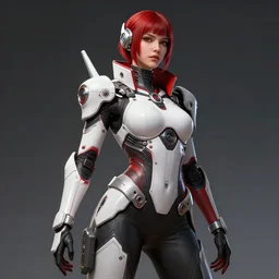 masterpiece concept art, a beautiful highly detailed sci - fi lady, confident pose, by peter mohrbacher and jae lee, 8 k, intricate detail, cinematic lighting, red white and black colors