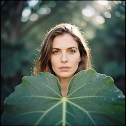 An analog head and shoulder portrait photography of a woman behind multiple big leaves by Annie Leibovitz. Long hair. Kodak Portra 800 film. Depth of field. swirly bokeh. Sunshine. detailed. hq. realistic. warm light. muted colors. Filmic. lens flare. Leica M9, f/1.2, symmetrical balance, in-frame