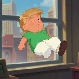 little ginger donald trump, wearing white pants and green shirt, floating in air in a room, closeup, old city through window, concept art, artstation, disney, pixar, dreamworks, anime, tyler edlin, feng zhu, jparked, thomas karpi