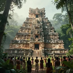 fusion of ancient mayan and indian architecture, in the middle of jungle, jungle people gathered infront of it, mist, fog, highly detailed movie still, cinematic lighting, ray tracing, octane render, long lens, shallow depth of field, bokeh, anamorphic lens flare, 8 k, hyper detailed, 3 5 mm film grain