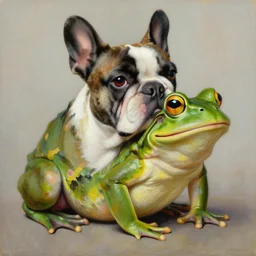 a bulldog frog, hybrid chimera mix between french bulldog and frog, with the head of a french bulldog and with the body of a frog, concept art, oil painting by greg rutkowski, greg hildebrandt, tim hildebrandt