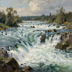 a wide river with rapids and powerful currents, extremely detailed oil painting, sargent and leyendecker, savrasov levitan polenov, bruce pennington, tim hildebrandt, digital art, landscape painting, trending on artstation, masterpiece