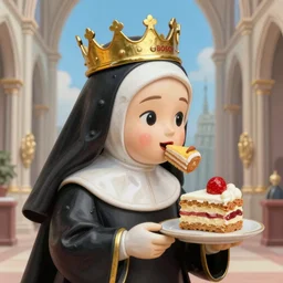 closeup profile bosch portrait of a tin toy nun wearing a crown eating cakes in the cathedral, hyper realistic, artstation, illustration, digital paint, matte paint, vivid colors, bright, cheerful, detailed and intricate environment