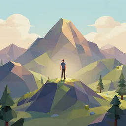 a man standing in the middle of a mountain, a low poly render by filip hodas, behance contest winner, environmental art, rendered in cinema 4 d, volumetric lighting, low poly