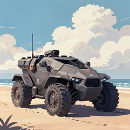 an armored core in the beach, clouds, daylight ; detailed illustrations, pastel tones, deep colors, clear lines, by jordan grimme, greg rutkowski