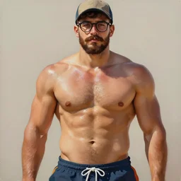 painting of a handsome young man with toned muscles wearing pit viper glasses and swim shorts and a baseball cap, bulky, with dense brown stubble and a thick moustache, sparse chest hair,by Jeremy Mann, stylized, detailed, realistic, warm tones, summer vibes, glistening skin, loose brush strokes