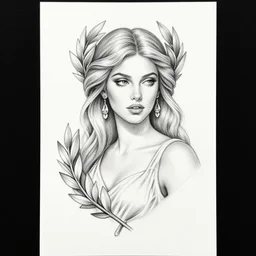 tattoo sketch of beautiful jennifer hawkins as aphrodite the greek goddess wearing a laurel wreath and arrowhead earrings, beautiful piercing eyes with small pupils, sexy look, beautiful blonde hair, hyper realistic face, in the style of greg rutkowski, fantasy, amazing detail, epic, elegant, smooth, sharp focus