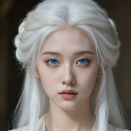 detailed portrait of perfect white intricate haired girl, hairstyle elf, 1 9 century, beautiful, pretty face, blue eyes, innocent,, 4 k, sun yunjoo, realistic, highlights, cinematic lighting, highly detailed, sharp focus, artstation, masterpiece, art by hyungjin yang and akihiko yoshida and ruan jia